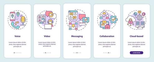 UCaaS functions onboarding mobile app screen. Connection walkthrough 5 steps graphic instructions pages with linear concepts. UI, UX, GUI template. Myriad Pro-Bold, Regular fonts used vector