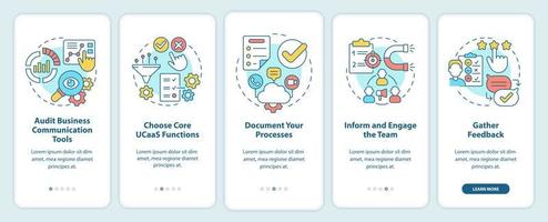 How to move to UCaaS onboarding mobile app screen. Network build walkthrough 5 steps graphic instructions pages with linear concepts. UI, UX, GUI template. Myriad Pro-Bold, Regular fonts used vector