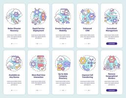 UCaaS onboarding mobile app screen set. Communication walkthrough 5 steps graphic instructions pages with linear concepts. UI, UX, GUI template. Myriad Pro-Bold, Regular fonts used vector