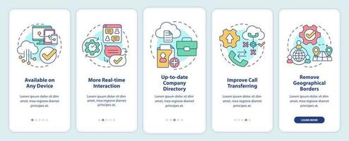 UCaaS benefits onboarding mobile app screen. Business process walkthrough 5 steps graphic instructions pages with linear concepts. UI, UX, GUI template. Myriad Pro-Bold, Regular fonts used vector