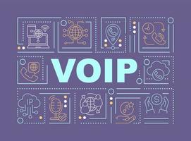 VOIP survive word concepts purple banner. IP telephony. Communication technology. Infographics with icons on color background. Isolated typography. Vector illustration with text. Arial-Black font used