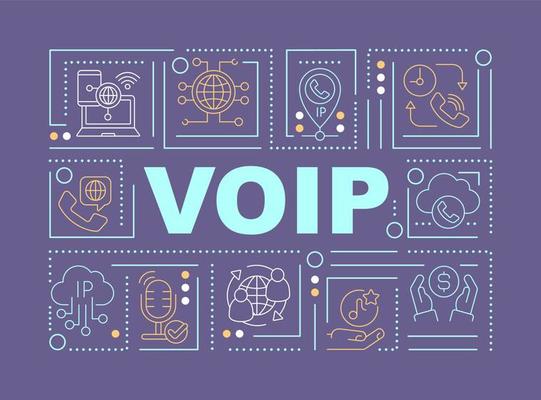 VOIP survive word concepts purple banner. IP telephony. Communication technology. Infographics with icons on color background. Isolated typography. Vector illustration with text. Arial-Black font used