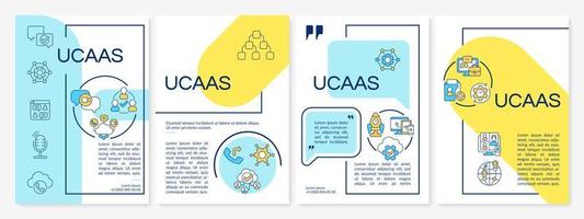 UCaaS blue and yellow brochure template. Communications service. Leaflet design with linear icons. 4 vector layouts for presentation, annual reports. Questrial, Lato-Regular fonts used