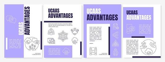 UCAAS advantages purple brochure template. Service benefits. Communication. Leaflet design with linear icons. 4 vector layouts for presentation, annual reports. Anton, Lato-Regular fonts used