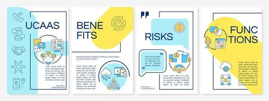 UCaaS system usage blue and yellow brochure template. Business network. Leaflet design with linear icons. 4 vector layouts for presentation, annual reports. Questrial, Lato-Regular fonts used