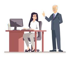 Worker coaching semi flat RGB color vector illustration. Young female employee listening to elderly boss isolated cartoon characters on white background
