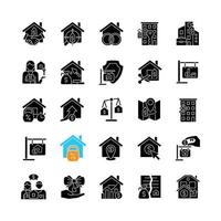 Property sale black glyph icons set on white space. Real estate market. House purchase. Home mortgage. Silhouette symbols. Solid pictogram pack. Vector isolated illustration. Quicksand-Light font used