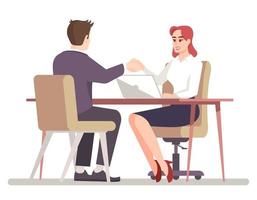 Accomplish strategic discussion semi flat RGB color vector illustration. Successful interview with new job applicant isolated cartoon characters on white background