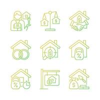 Real estate gradient linear vector icons set. Home and construction mortgage. Property purchasing. Asset insurance. Thin line contour symbol designs bundle. Isolated outline illustrations collection