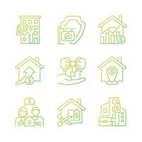 Immovable property purchasing gradient linear vector icons set. Apartment and house buying. Home donation. Thin line contour symbol designs bundle. Isolated outline illustrations collection