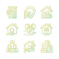 Immovable property purchasing gradient linear vector icons set. Apartment and house buying. Home donation. Thin line contour symbol designs bundle. Isolated outline illustrations collection
