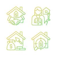 Home buying process gradient linear vector icons set. Real estate agent. Property mortgage. Searching house. Thin line contour symbol designs bundle. Isolated outline illustrations collection
