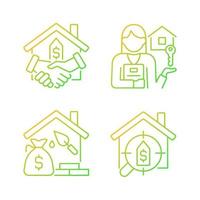 Home buying process gradient linear vector icons set. Real estate agent. Property mortgage. Searching house. Thin line contour symbol designs bundle. Isolated outline illustrations collection