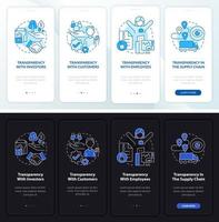 Transparency types night and day mode onboarding mobile app screen. Walkthrough 4 steps graphic instructions pages with linear concepts. UI, UX, GUI template. Myriad Pro-Bold, Regular fonts used vector