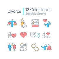 Divorce RGB color icons set. Reasons of relationship breakdown. Marriage problems. Isolated vector illustrations. Simple filled line drawings collection. Editable stroke. Quicksand-Light font used