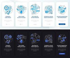 Establish transparency night and day mode onboarding mobile app screen. Walkthrough 5 steps graphic instructions pages with linear concepts. UI, UX, GUI template. Myriad Pro-Bold, Regular fonts used vector