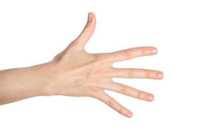 Woman hand shows numder five gesture isolated on a white background photo