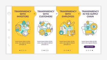 Examples of transparency yellow onboarding template. Business company. Responsive mobile website with linear concept icons. Web page walkthrough 4 step screens. Lato-Bold, Regular fonts used vector