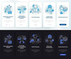 Trust on social media night and day mode onboarding mobile app screen. Walkthrough 5 steps graphic instructions pages with linear concepts. UI, UX, GUI template. Myriad Pro-Bold, Regular fonts used vector