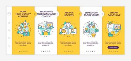 How to build trust on social media yellow onboarding template. Digital business. Responsive mobile website with linear concept icons. Web page walkthrough 5 step screens. Lato-Bold, Regular fonts used vector