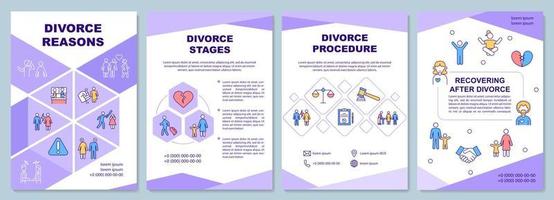 Psychology of divorce purple brochure template. Marriage end. Booklet print design with linear icons. Vector layouts for presentation, annual reports, ads. Arial-Black, Myriad Pro-Regular fonts used