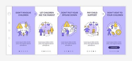 Divorce dos and donts purple and white onboarding template. Separation tips. Responsive mobile website with linear concept icons. Web page walkthrough 5 step screens. Lato-Bold, Regular fonts used vector