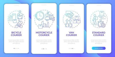 Courier business blue gradient onboarding mobile app screen. Vehicle service walkthrough 4 steps graphic instructions pages with concepts. UI, UX, GUI template. Myriad Pro-Bold, Regular fonts used vector