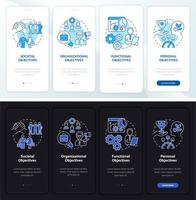 Objective of hr management night, day mode onboarding mobile app screen. Walkthrough 4 steps graphic instructions pages with linear concepts. UI, UX, GUI template. Myriad Pro-Bold, Regular fonts used vector