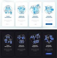 funciones de gerente de recursos humanos pantalla de aplicación móvil de incorporación de modo diurno y nocturno. tutorial 4 pasos páginas de instrucciones gráficas con conceptos lineales. interfaz de usuario, ux, plantilla de interfaz gráfica de usuario. innumerables fuentes pro-negrita y regulares utilizadas vector