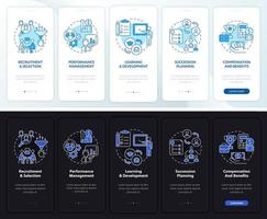 HR management basics night, day mode onboarding mobile app screen. Walkthrough 5 steps graphic instructions pages with linear concepts. UI, UX, GUI template. Myriad Pro-Bold, Regular fonts used vector