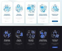 Habilidades para la gestión de la pantalla de la aplicación móvil de incorporación del modo diurno y nocturno. tutorial 5 pasos páginas de instrucciones gráficas con conceptos lineales. interfaz de usuario, ux, plantilla de interfaz gráfica de usuario. innumerables fuentes pro-negrita y regulares utilizadas vector