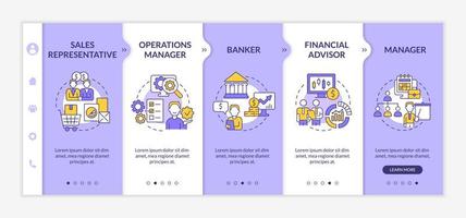 Business management careers purple and white onboarding template. Responsive mobile website with linear concept icons. Web page walkthrough 5 step screens. Lato-Bold, Regular fonts used vector