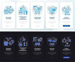 Skills for HR manager night, day mode onboarding mobile app screen. Walkthrough 5 steps graphic instructions pages with linear concepts. UI, UX, GUI template. Myriad Pro-Bold, Regular fonts used vector