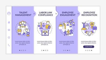 Human resources manager duties purple and white onboarding template. Responsive mobile website with linear concept icons. Web page walkthrough 4 step screens. Lato-Bold, Regular fonts used vector