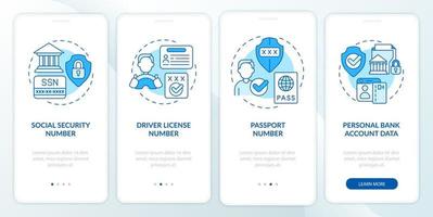 Highly sensitive data blue onboarding mobile app screen. Privacy walkthrough 4 steps graphic instructions pages with linear concepts. UI, UX, GUI template. Myriad Pro-Bold, Regular fonts used vector