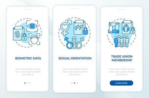 Examples of personal data blue onboarding mobile app screen. Information walkthrough 3 steps graphic instructions pages with linear concepts. UI, UX, GUI template. Myriad Pro-Bold, Regular fonts used vector