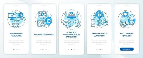 Availability blue onboarding mobile app screen. Data protection walkthrough 5 steps graphic instructions pages with linear concepts. UI, UX, GUI template. Myriad Pro-Bold, Regular fonts used vector