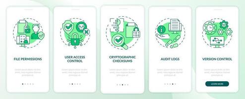 Integrity green onboarding mobile app screen. Personal data walkthrough 5 steps graphic instructions pages with linear concepts. UI, UX, GUI template. Myriad Pro-Bold, Regular fonts used vector