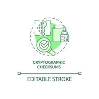 Cryptographic checksums green concept icon. Personal information abstract idea thin line illustration. Isolated outline drawing. Editable stroke. Roboto-Medium, Myriad Pro-Bold fonts used vector