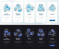 carreras de negocios noche, pantalla de aplicación móvil de incorporación de modo de día. tutorial 5 pasos páginas de instrucciones gráficas con conceptos lineales. interfaz de usuario, ux, plantilla de interfaz gráfica de usuario. innumerables fuentes pro-negrita y regulares utilizadas vector