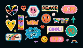 Vintage Illustration Pop Color Style Flat Design 90s Sticker. Cool trendy retro stickers with smile faces, cartoon comic label patches. vector