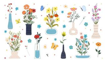 Collection of blooming flowers in vases and bottles isolated on white background. Set of decorative floral design elements. Flat cartoon vector illustration.