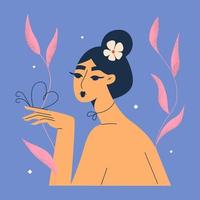 joven y bella mujer asiática afroamericana con una flor en el pelo. salud mental de la mujer. belleza de la naturaleza. autocuidado, amor, bienestar. ilustración vectorial del día de la mujer. vector