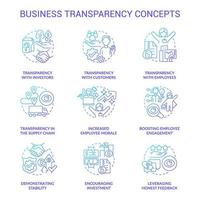 Business transparency blue gradient concept icons set. Company openness. Trustful service idea thin line color illustrations. Isolated outline drawings. Roboto-Medium, Myriad Pro-Bold fonts used vector
