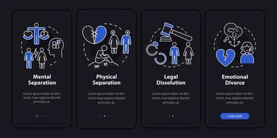 Divorciarse sobreviviendo al modo nocturno incorporando la pantalla de la aplicación móvil. tutorial de ruptura 4 pasos páginas de instrucciones gráficas con conceptos lineales. interfaz de usuario, ux, plantilla de interfaz gráfica de usuario. innumerables fuentes pro-negrita y regulares utilizadas vector