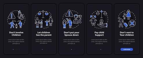 Divorce dos and donts night mode onboarding mobile app screen. Tips tips walkthrough 5 steps graphic instructions pages with linear concepts. UI, UX, GUI template. Myriad Pro-Bold, Regular fonts used