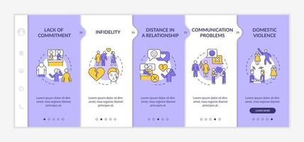 Reasons for divorce purple and white onboarding template. Separation process. Responsive mobile website with linear concept icons. Web page walkthrough 5 step screens. Lato-Bold, Regular fonts used vector