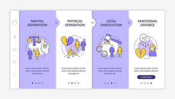 divorciarse sobreviviendo a la plantilla de incorporación morada y blanca. ruptura de pareja. sitio web móvil receptivo con iconos de concepto lineal. Tutorial de página web Pantallas de 4 pasos. lato-negrita, fuentes regulares utilizadas vector