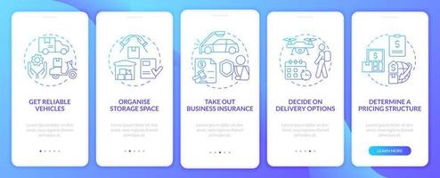 How to start courier business blue gradient onboarding mobile app screen. Taxi walkthrough 5 steps graphic instructions pages with concepts. UI, UX, GUI template. Myriad Pro-Bold, Regular fonts used vector