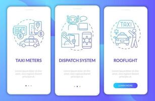 Equipment for taxi business blue gradient onboarding mobile app screen. Cab walkthrough 3 steps graphic instructions pages with concepts. UI, UX, GUI template. Myriad Pro-Bold, Regular fonts used vector